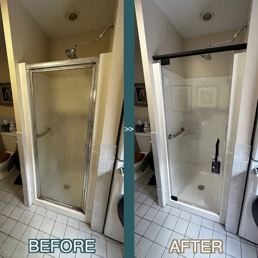 Before and after frameless shower installation Wellesley MA