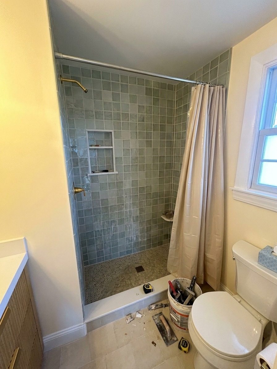 New tile no door frameless hinged door Weston MA chrome