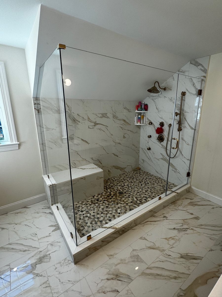 Frameless walk-in glass enclosure Brookline MA brushed nickel