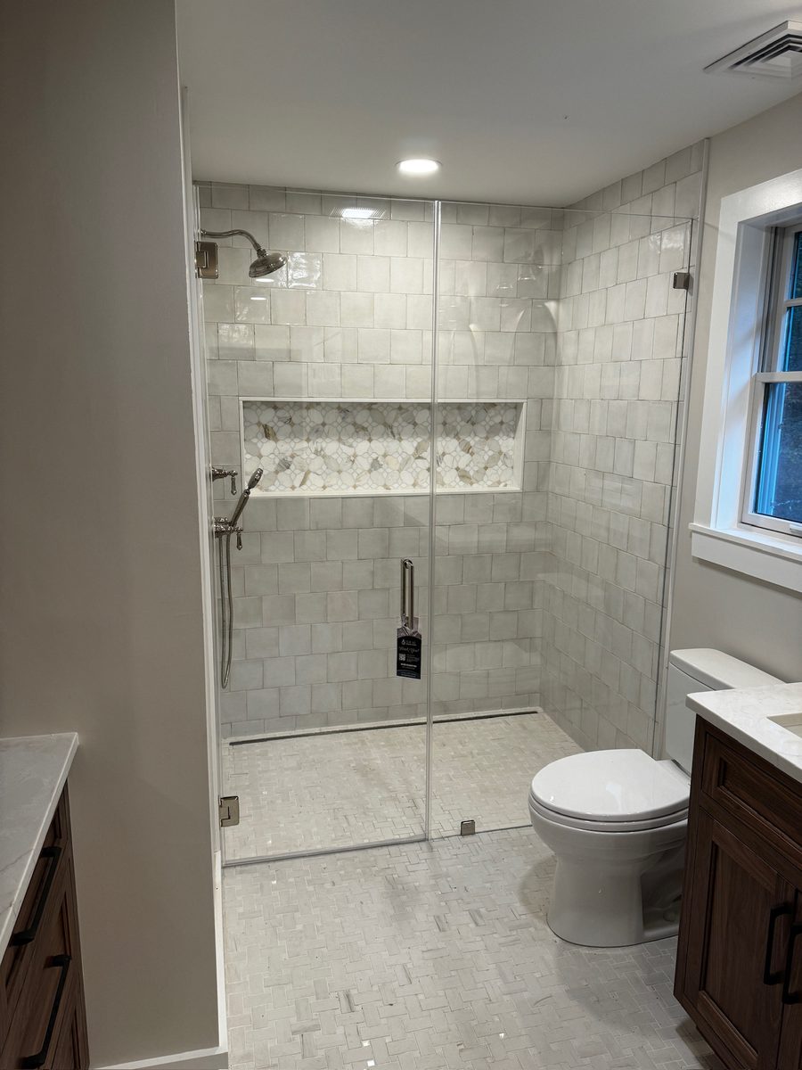 Custom shower glass installation Wellesley MA marble tile